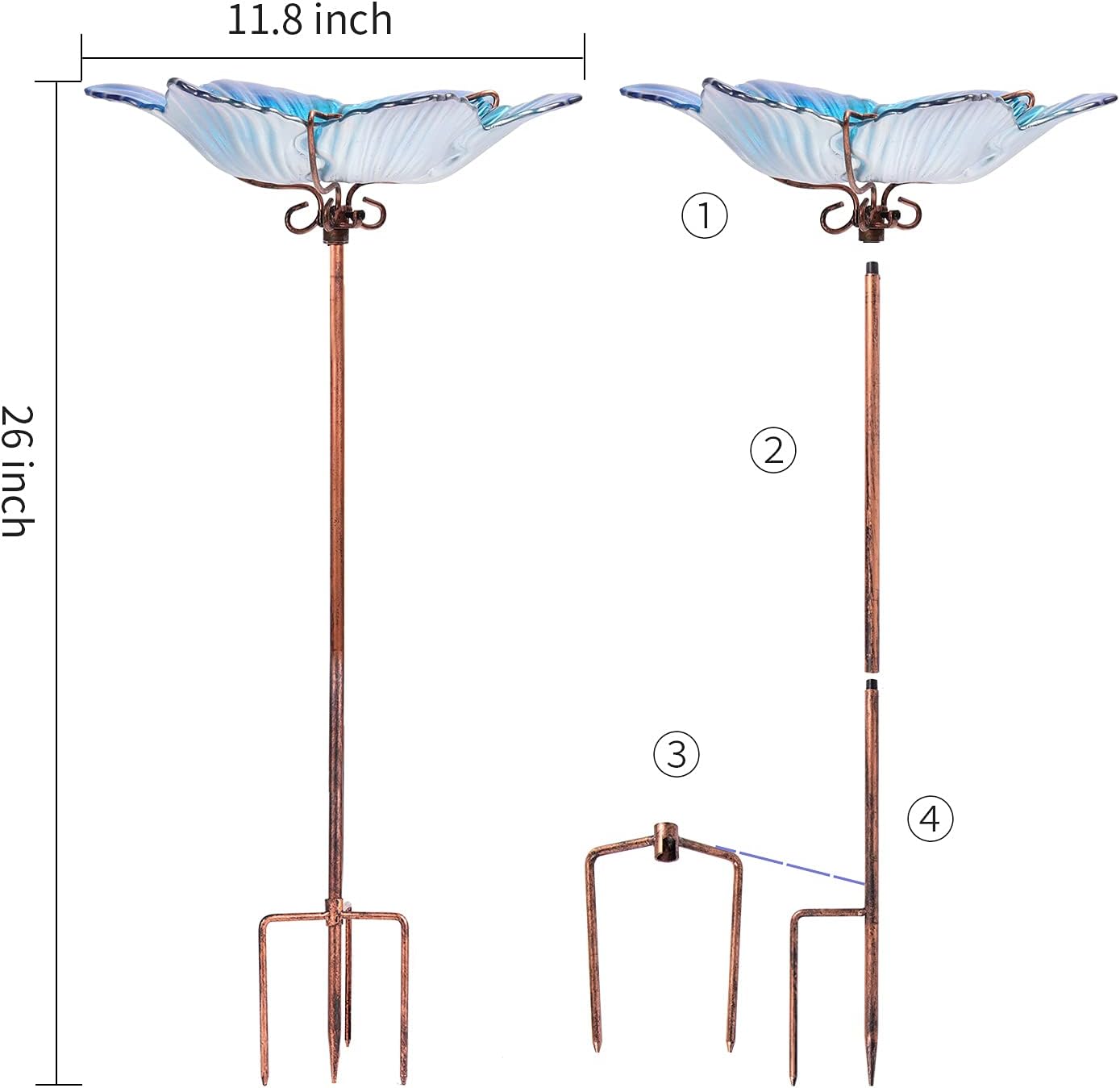Outdoor Bird Bath Glass Birdbath Garden Birdfeeder with Metal Stake Blue(Height:26inch)