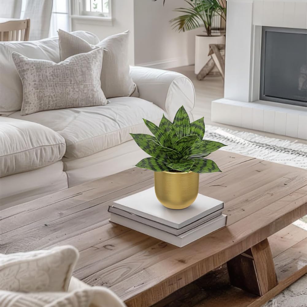 Hollyone Artificial Snake Plants 9" Faux Agave Succulent Plant Potted in Gold Pot Fake Sansevieria Aloe Tropical Plant for Desk Modern Office Home Bathroom Indoor Outdoor Decor