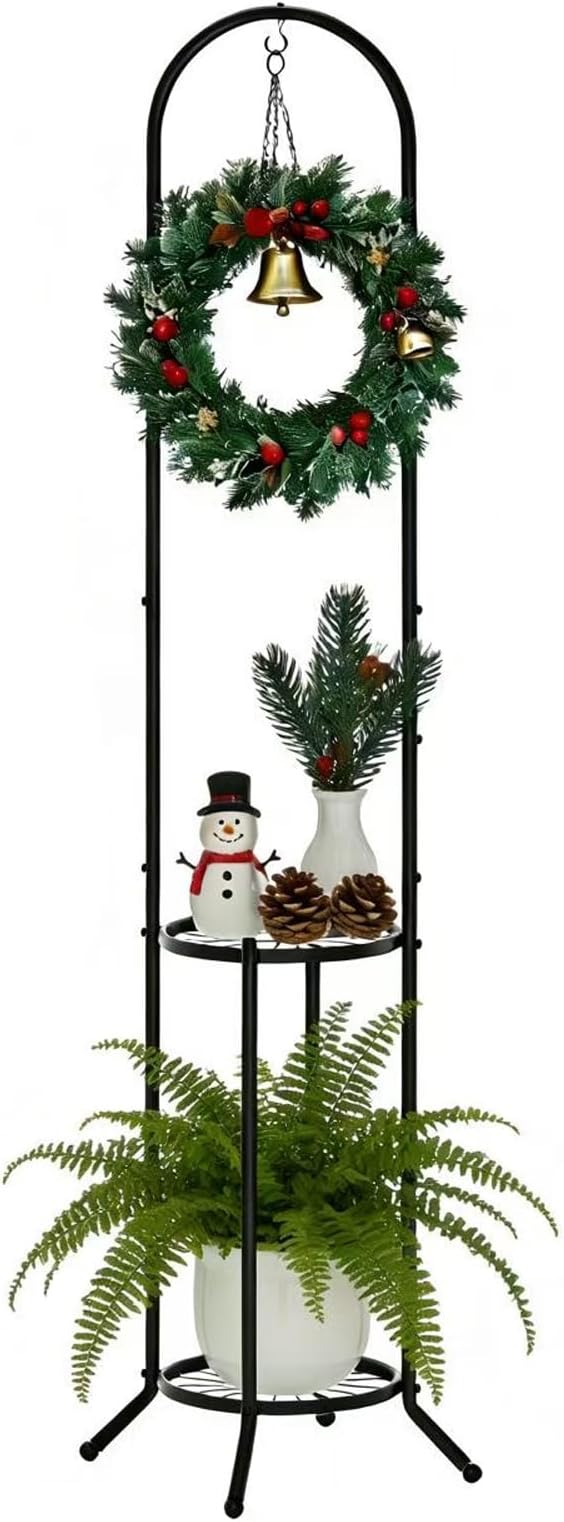 PULIJIAJU 2-tier Hanging Plant Stand Indoor and Outdoor, Space-Saving Iron Plant Shelf, 3 Potted Flower Pot Stand ,Planter Holder for Bedroom Balcony Living Room Patio Garden( n-style)