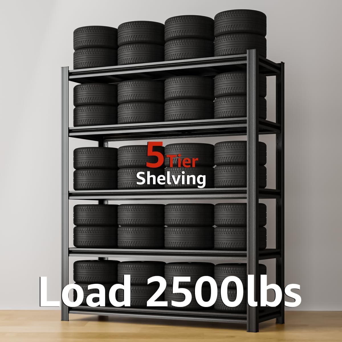 5 Tier Metal Shelving Unit, 78" H x 48" W x 24" D Adjustable Garage Shelves, Heavy Duty Storage Shelves for Warehouse, Basement, Kitchen, Pantry, Living Room, 2500LBS, Black