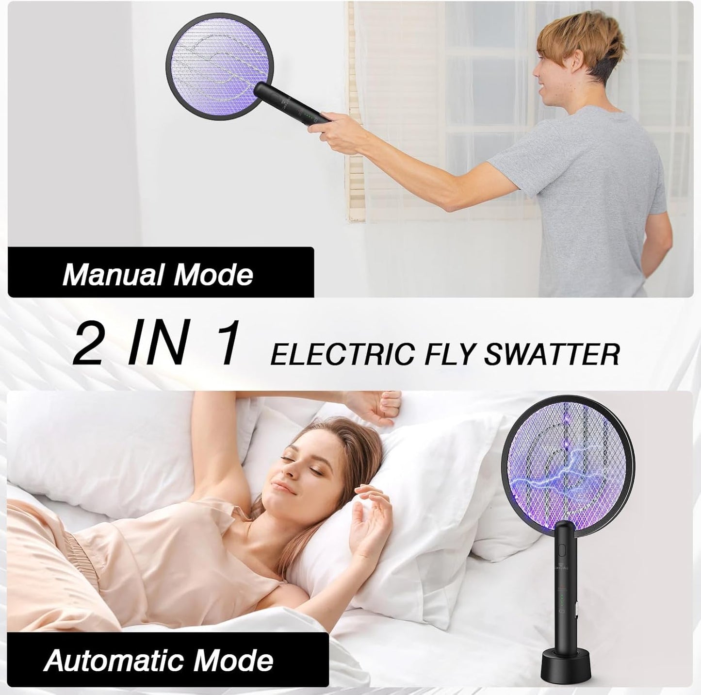 Bug Zapper Racket, 2 in 1 Fly Swatter USB Rechargeable, 4000V Electric Fly Zapper with 3 Layer Safety Mesh,Electric Racket for Kitchen, Home, Garden and Outdoors(2 Pack