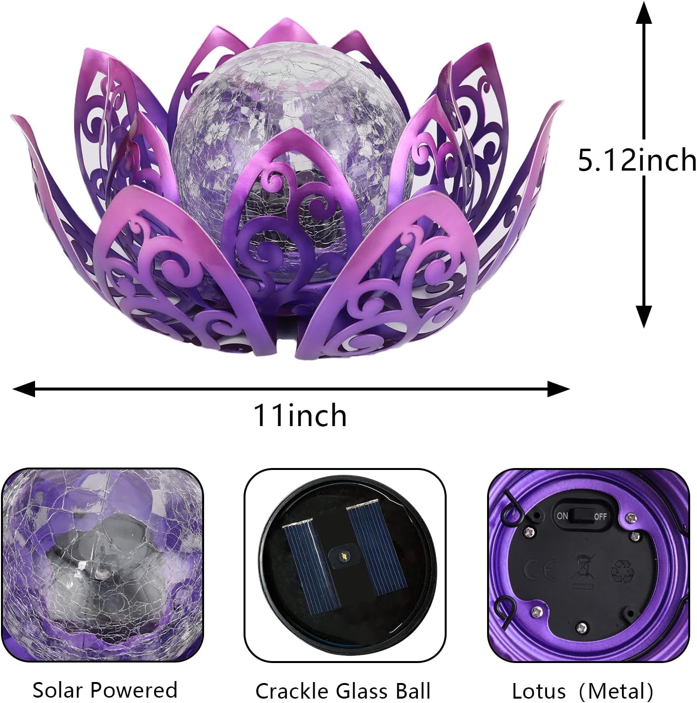 Bshine Solar Outdoor Garden Lotus Decorative Light, Waterproof Metal Cracked Glass Globe LED Lotus Light for Tabletop Decor, Walkway, Lawn Ornaments and Garden, Housewarming Gift (Purple)