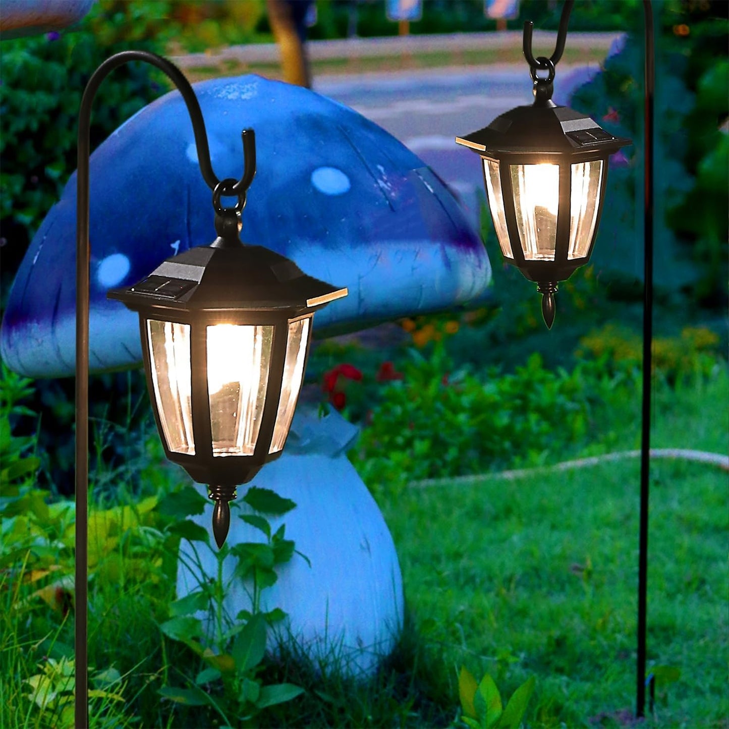 Dynaming 2 Pack Solar Hanging Lights Outdoor, Solar Powered Garden Decorative Lanterns with 2 x 38 Inch Shepherd Hooks, Waterproof Landscape Lighting for Lawn Patio Yard Pathway Driveway, Warm White