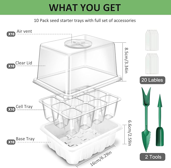 YAUNGEL Seed Starting Trays, 10 Pack 120 Cells Thicken Seed Starter Tray Kit with Humidity Dome/Heightened Lids Durable Growing Trays for Greenhouse & Gardens, White