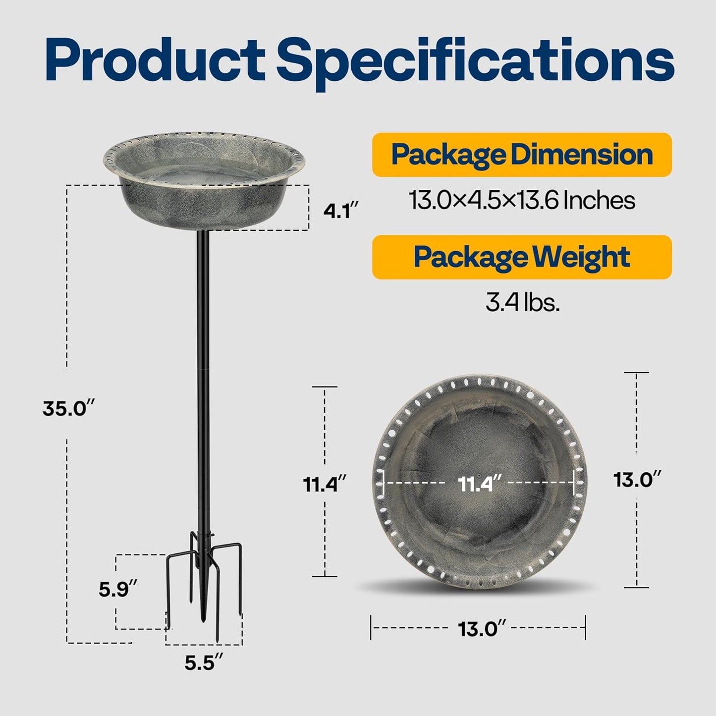 VIVOHOME Polyresin Bird Bath Bowl with Metal Stake, 29 Inch Height Outdoor Freestanding Birdfeeder, Capacity 1.4 Gallons, 5-Pronged Base, Gray