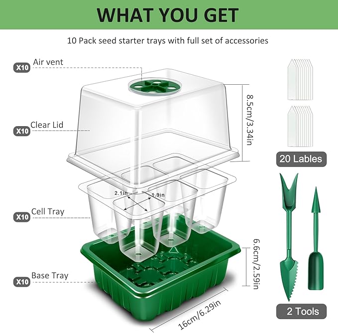 YAUNGEL Seed Starter Tray, 10 Pack 60 Cells Thicken Seed Starting Trays Kit with Large Cell/Heightened Lids/Humidity Dome, Durable Growing Trays Germination Kit for Greenhouse & Gardens, Green