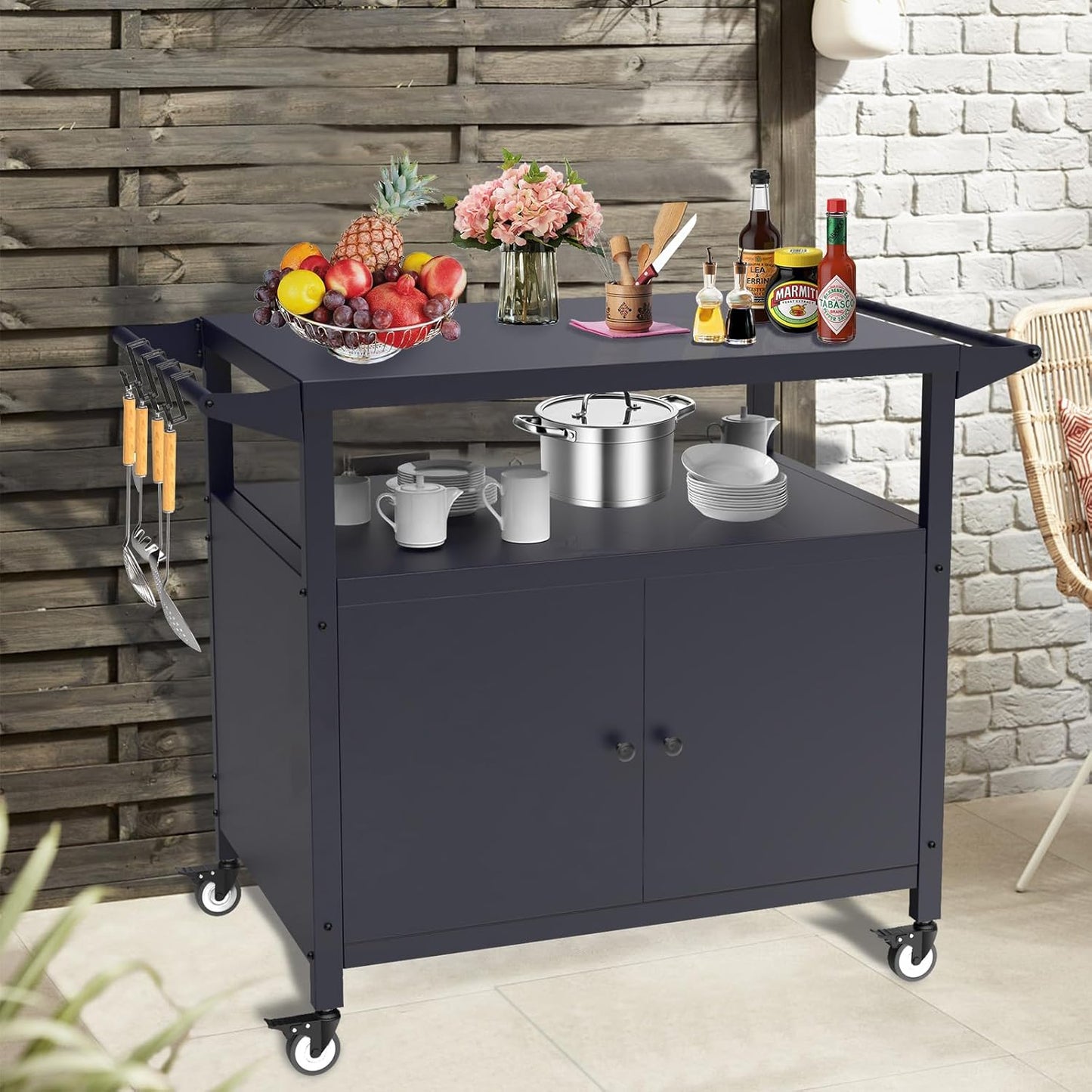 Outdoor Grill Table with Storage, Movable Grill Cart, Outdoor Kitchen Island Prep Stand Station,Blackstone Griddle Stand, BBQ Serving Cart Rolling Bar Cart with 4 Utensil Hooks
