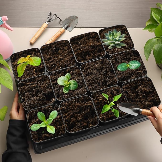 RooTrimmer 3.5 inch (9CM) Square Nursery Pots 120pcs, Sturdy Seedlings Trays 10 Pcs, Seeds Starter Planter Nursery Trays 10 Sets