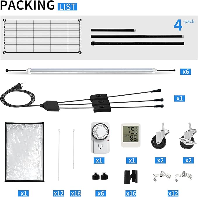 JESLED Indoor Greenhouse with Grow Light - Full Spectrum 5000K LED for Seed Starting, Tiered Lighting Control, Built-in Timer & Thermo-Hygrometer, Rolling Metal Plant Stand (23.6x13.8x59 in)