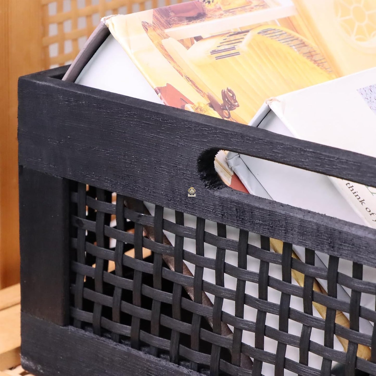 YRMT Wood Storage Crate Basket Rustic Wooden Storage Container for Organizing Decorative Bamboo Box with Handles for Pantry, Shelves Organizer 11.4" x 11.4" x 5" (Black)