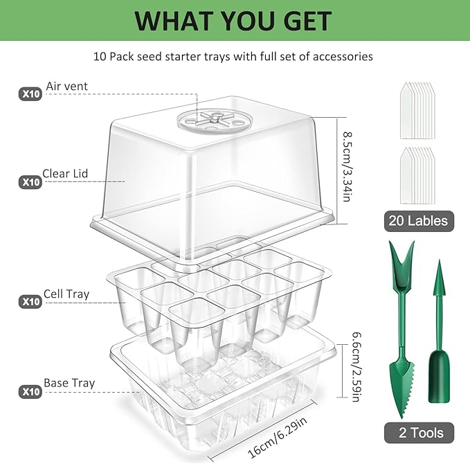 YAUNGEL Seed Starting Trays, 10 Pack 120 Cells Thicken Seed Starter Tray Kit with Humidity Dome/Heightened Lids Durable Growing Trays for Greenhouse & Gardens, Transparent