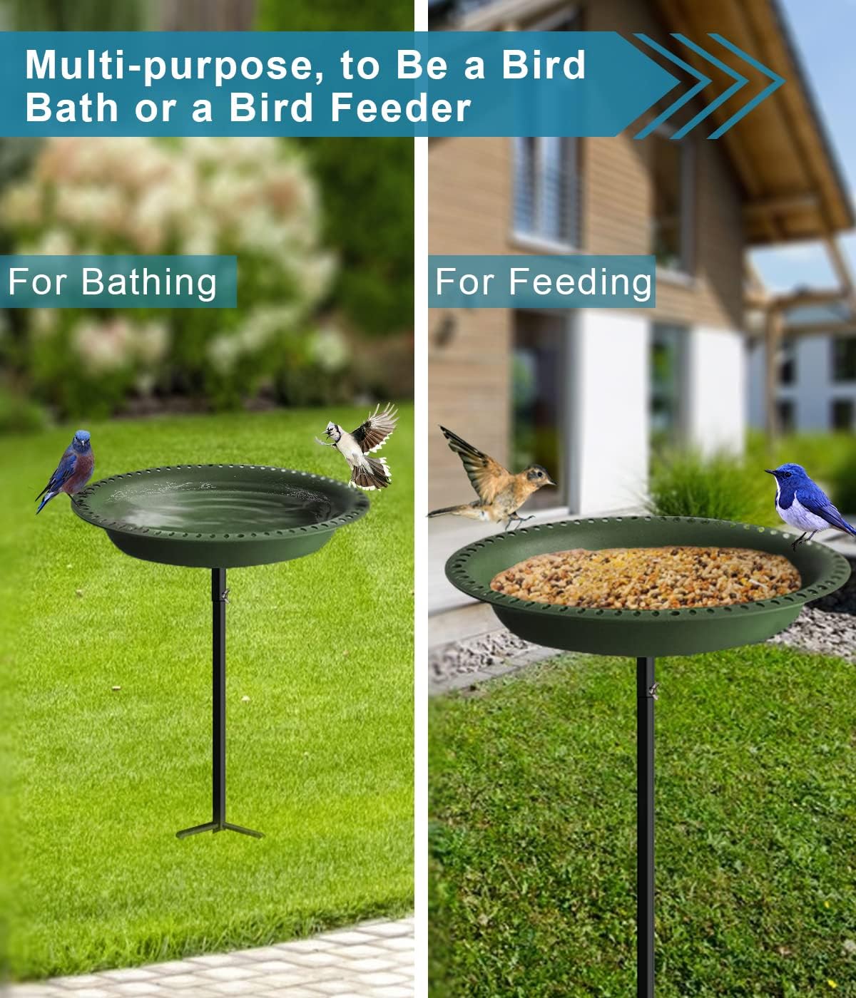 Koutemie 1-¼ Gallon Detachable Freestanding Garden Bird Bath Bird Feeder Bowl with Metal Stake for Outdoor, Deep Green, 29 Inch