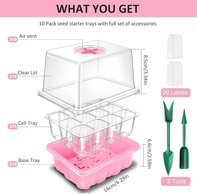 YAUNGEL Seed Starting Trays, 10 Pack 120 Cells Thicken Seed Starter Tray Kit with Humidity Dome/Heightened Lids Durable Growing Trays for Greenhouse & Gardens, Pink