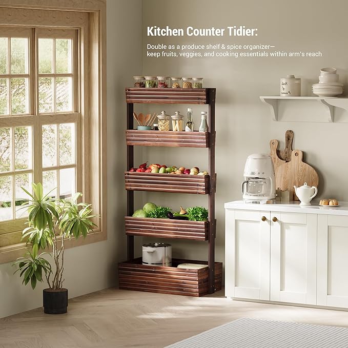 RHINEINMIST Vertical Wooden Raised Garden Bed Planters Wood Planter Kit Plant Stand Flower Rack Planter Box Gardening Plants Herbs Flowers Vegetables Outdoor Indoor Freestanding (Carbonized 5-Tier)