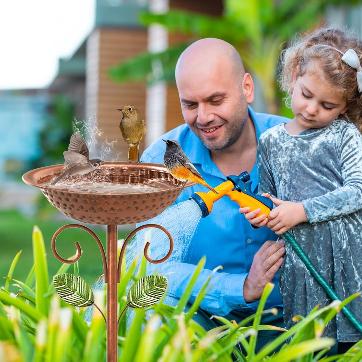 Metal Bird Bath for Outside Garden Birdbath Bowl, 42.1" Height Bird Feeders for Outdoors with 5 Prongs Base Stake, Standing Birdfeeders Bath Bowl for Yard Lawn Decor (A)