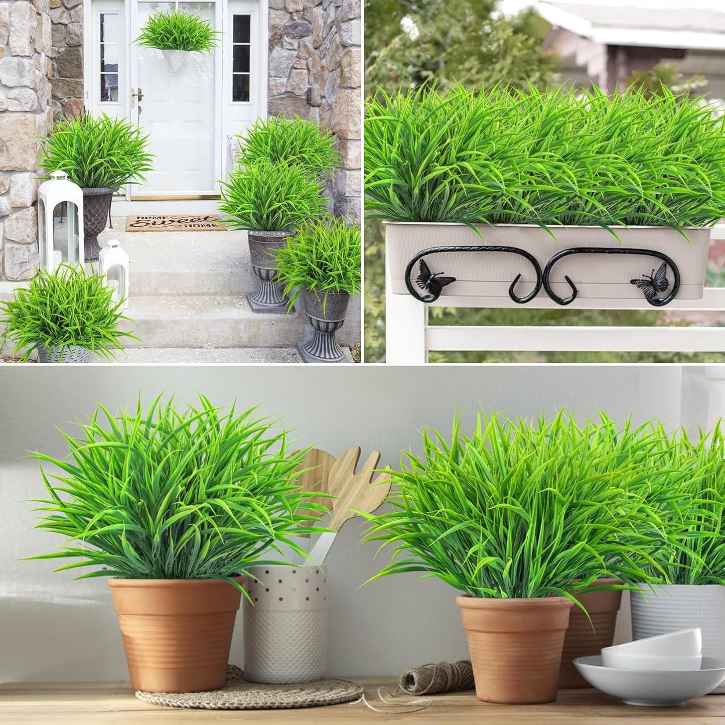 Ouddy Decor 16 Bundles Artificial Plants Outdoor Fake Grass Greenery Stems UV Resistant Faux Plastic Shrubs for Spring Summer Garden Pathway Window Box Front Porch Home Decor, Green