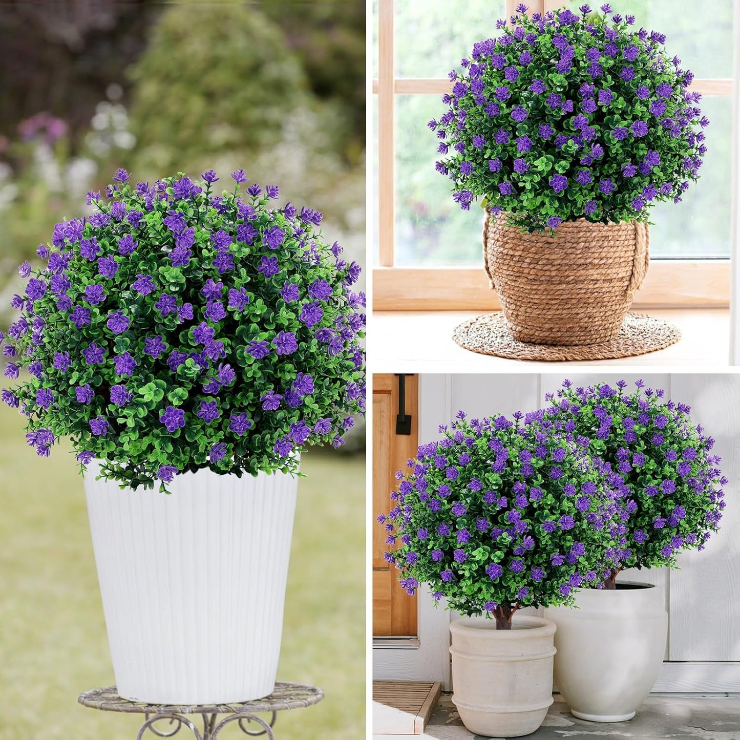 Artificial Purple flower Topiary Ball Tree 25" with Ground Spike, Set of 2 Artificial Boxwood Bushes for Faux Shrubs, Fake Evergreen Faux Plant for Indoor Outdoor Garden -UV Resistant–Fade-Proof