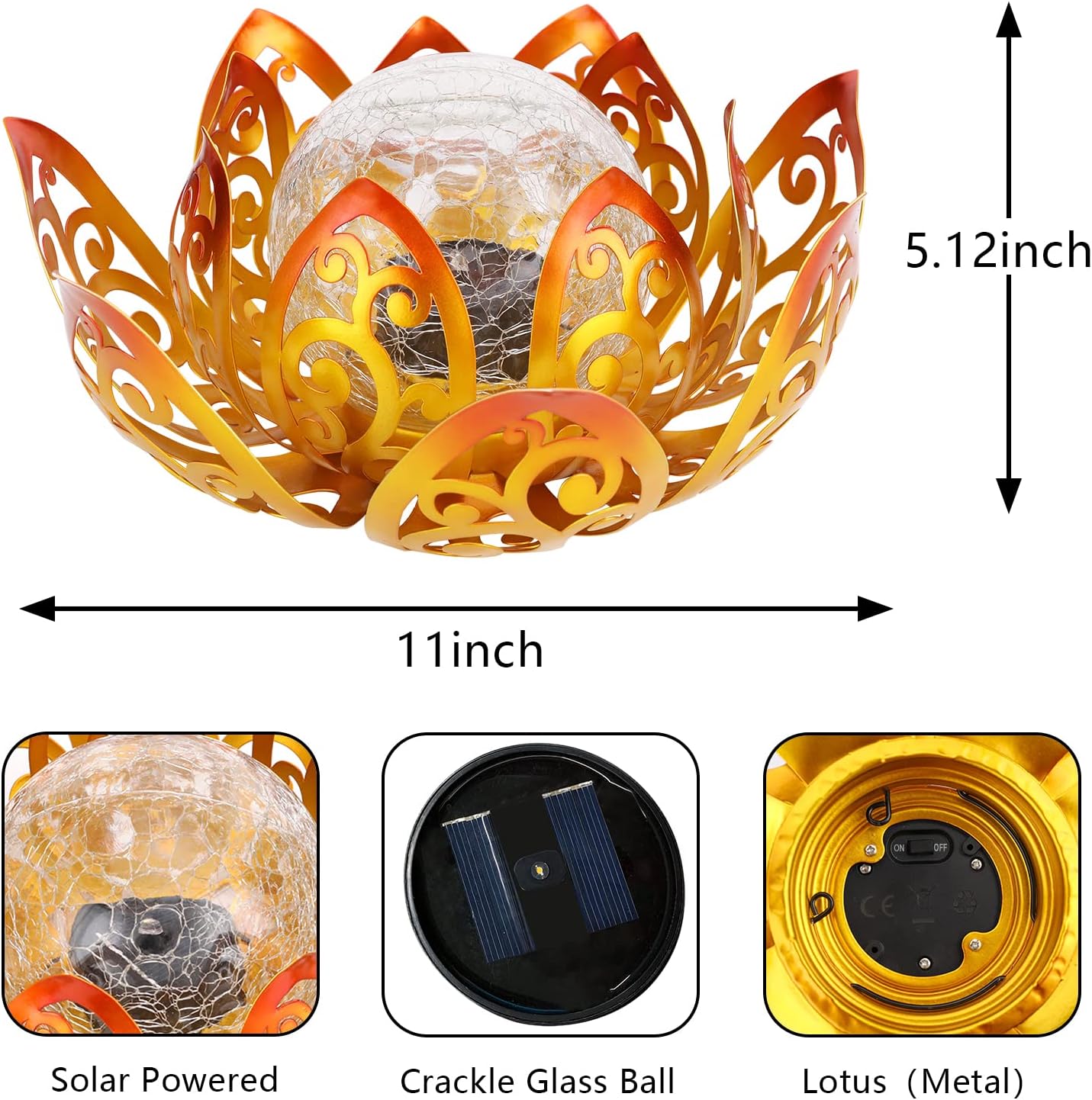 Bshine Solar Outdoor Garden Lotus Decorative Light, Waterproof Metal Cracked Glass Globe LED Lotus Light for Tabletop Decor, Walkway, Lawn Ornaments and Garden, Housewarming Gift (Yellow)