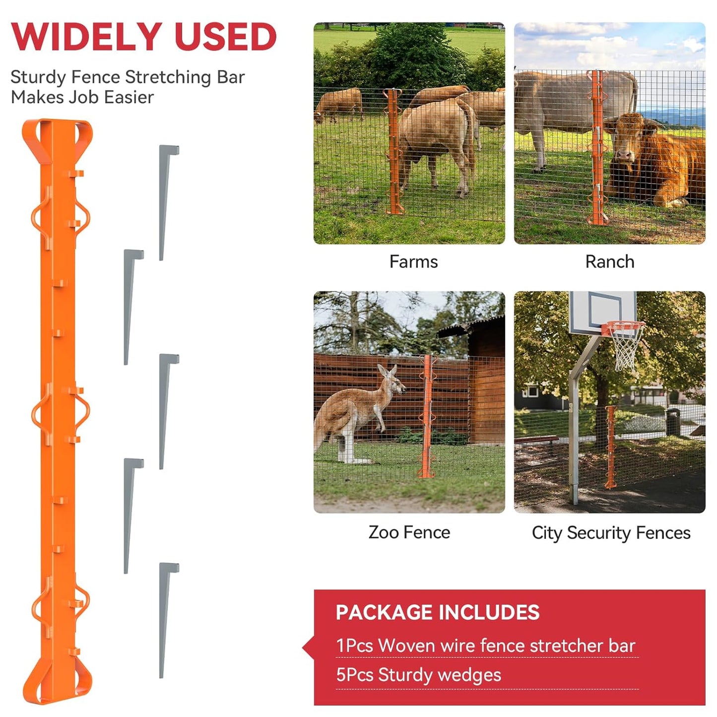 4ft Woven Wire Fence Stretcher Bar with 5 Wedges Heavy Duty Wire Stretcher Fence Tool for Farms, Ranches, Garden Barriers, Yard (Orange)