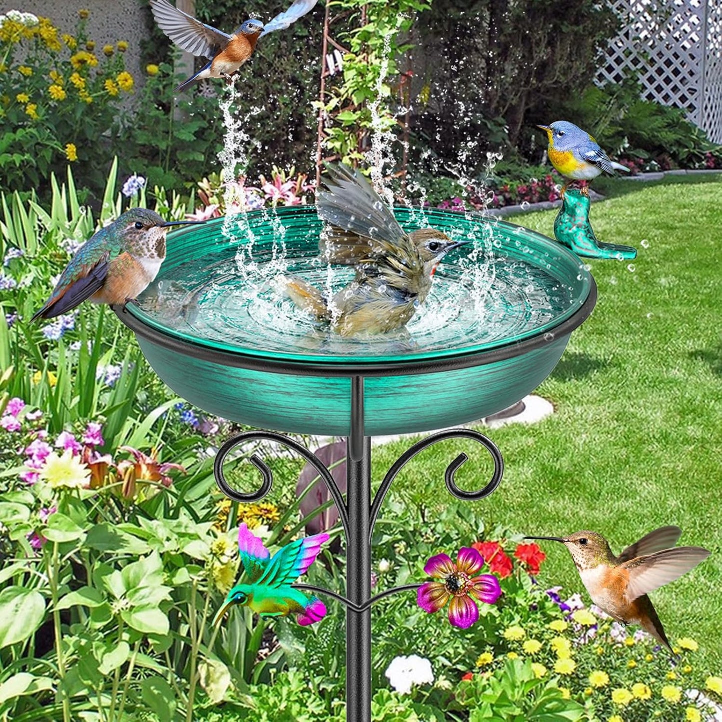 38.6in Bird Baths for Outdoors, Detachable Birdbaths for The Garden Clearance, Freestanding Bird Baths for Outdoors, Bird Bath Bowl Spa & Birdfeeder with Metal Stake Stand (Retro Green)