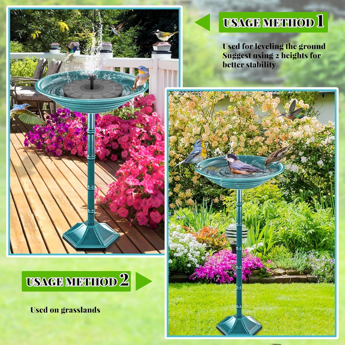 Bird Bath for Outside with Pedestal, Vintage Freestanding Garden Metal Birdbaths & Birdfeeder, Birdbaths Bowl Bird Baths for Outdoors Yard Garden Lawn Decor (Green)