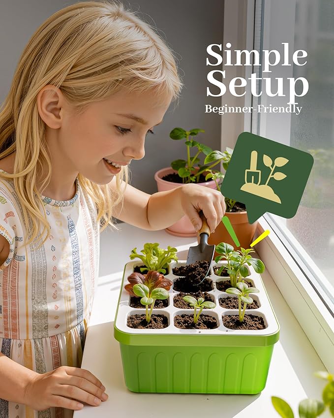 RAINPOINT 2 Pack Seed Starter Tray with Grow Light,2 * 12-Cell Indoor Seed Starter Kit,Flexible Silicone Designed Seedling Starter Trays,Germination Tray with Humidity Dome & Lids, Reusable