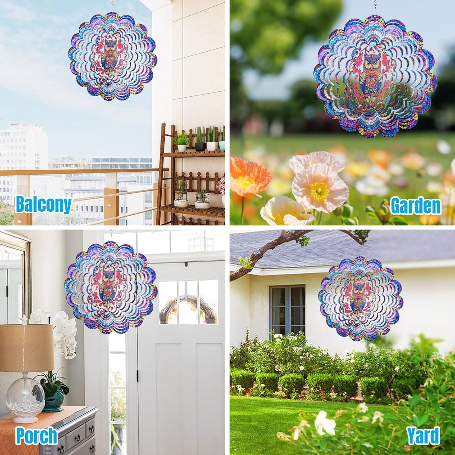 Wind Spinners Outdoor, Owl Metal 3D Hanging Garden Decor, 12-inch Stainless Steel Wind Spinner with Tail Spinner, Wind Sculptures for Patio Lawn Yard, Ornament Gift for Women/Men