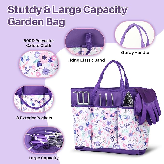 MelonArt Garden Tool Set, 10 Pcs Heavy Duty Gardening Tool Kit Women Garden Gift Set Aluminum with Non Slip Ergonomic Handle, Storage Tote Bag and Gloves, Garden Supplier for Women&Men(Purple)