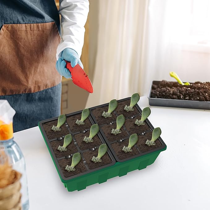 Gardzen 10-Set Garden Propagator Set, Black Seed Tray Kits with 120-Cell, Seed Starter Trays with Dome and Green Base 6.6" x 4.5" (12-Cell Per Tray)
