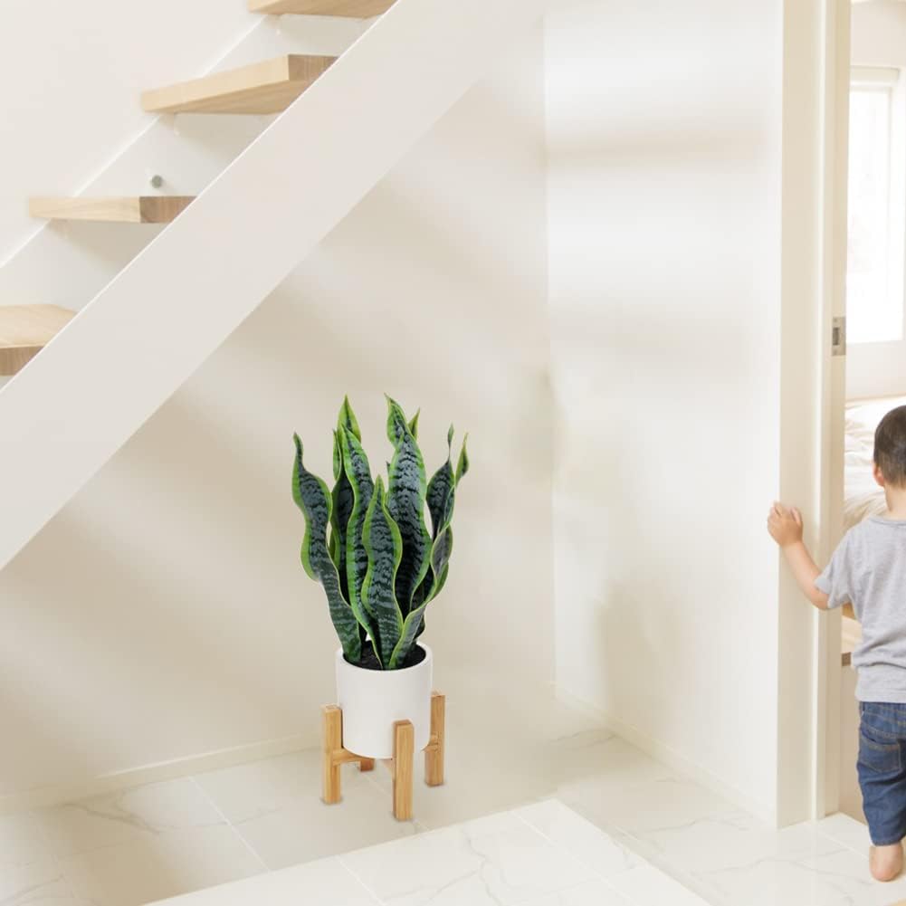 Hollyone Artificial Snake Plant Potted with Solid Wood Plant Stand, 19" Faux Sansevieria Tropical White Ceramic Pots Fake Plants for Home Office Indoor Decor Housewarming Gift