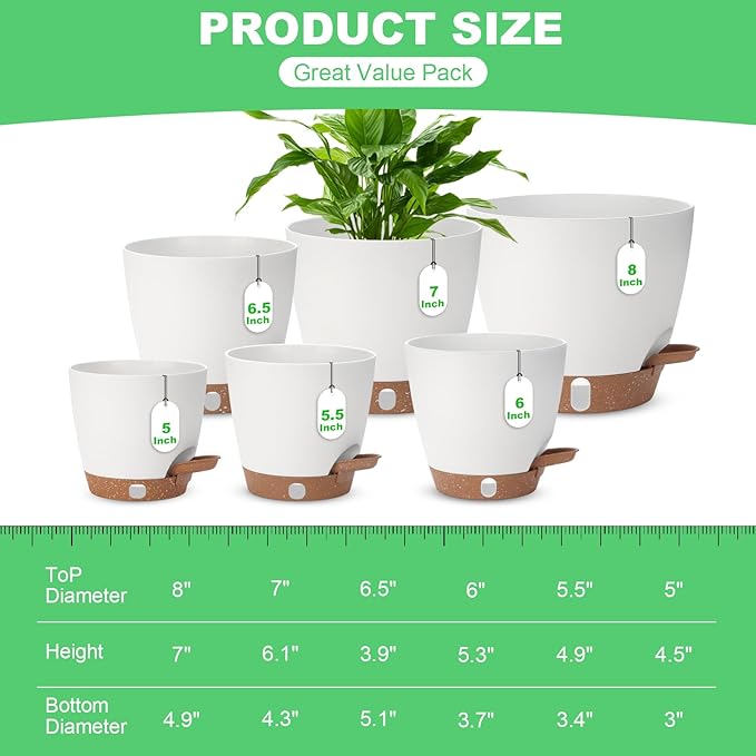 Self Watering Planter with Visual Water Level, 6Pack Small Plastic Pot Set with Drainage Holes and Reservoir Saucers, Modern 8+7+6.5+6+5.5+5 Inch Bottom Watering Flower Pots for Indoor Plant - White