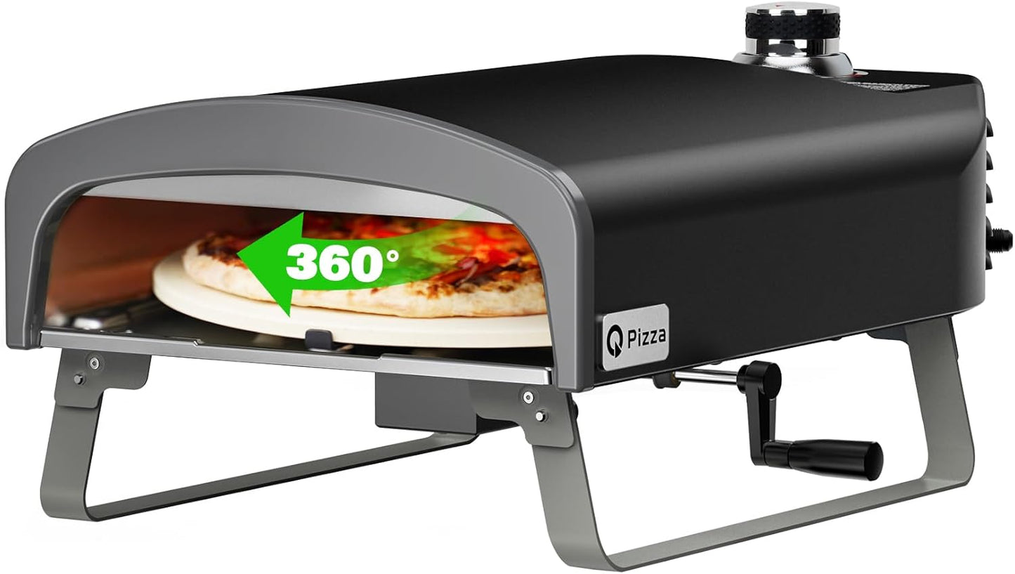 Q Pizza Portable Propane Pizza Oven with Manual Rotating Stone, Tabletop Gas Stove for Outdoor Kitchen, Gas Oven for Making Pizza, Bread, Steak, Pie, PS104