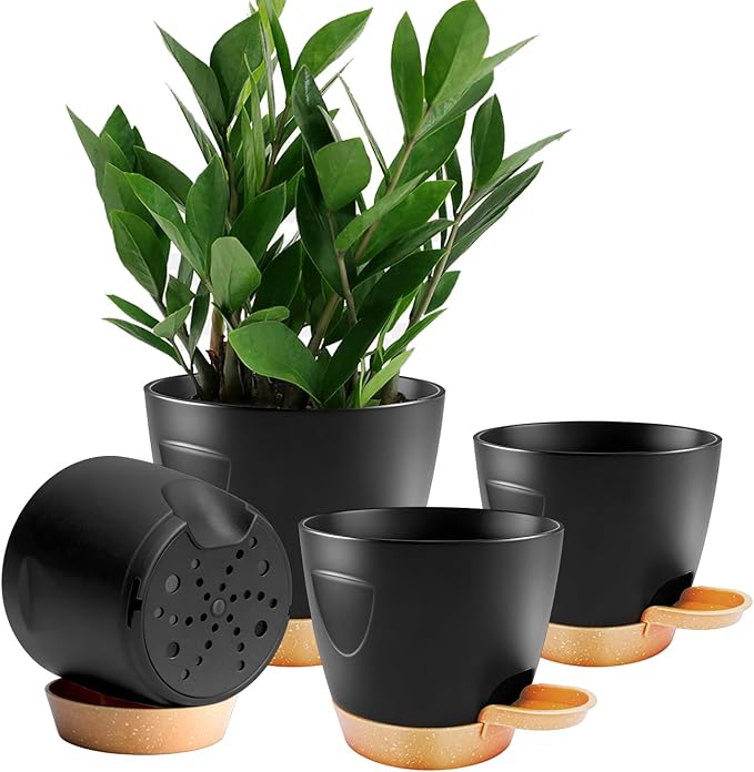 Carsapro 4-Pack Plant Pots with Drainage 6.5/6/5.5/5 Inch, Self Watering Pots for Indoor Plants, Planters for Indoor Outdoor Plants, Plastic Flower Pot, Planter for Indoor Outdoor (Black)