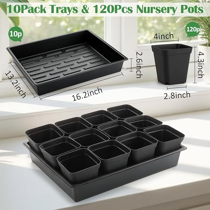 RooTrimmer 4 inch (10CM) Square Nursery Pots 120pcs, Sturdy Seedlings Trays 10 Pcs, Seeds Starter Germination Tray, Microgreening Planter Nursery Propagation 10 Sets