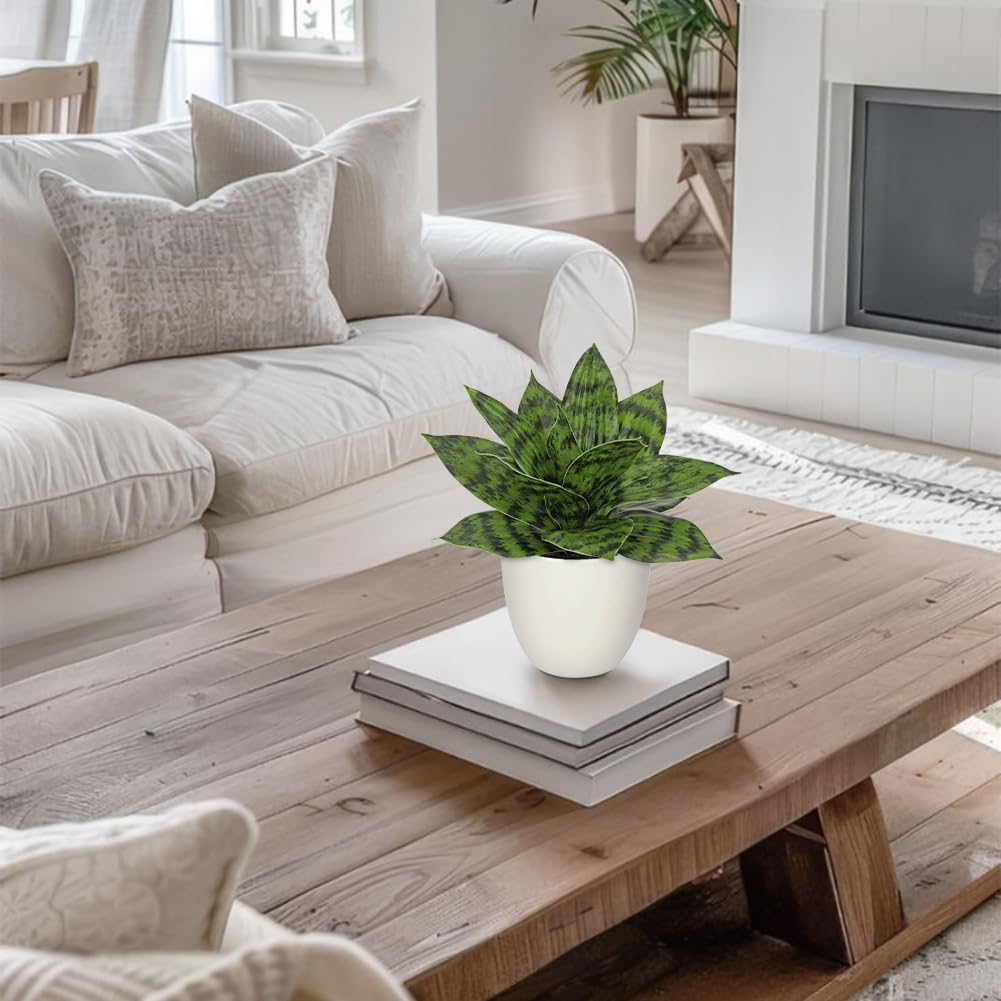 Hollyone Artificial Snake Plants 9" Faux Agave Succulent Plant Potted in White Pot Fake Sansevieria Aloe Tropical Plant for Desk Modern Office Home Bathroom Indoor Outdoor Decor