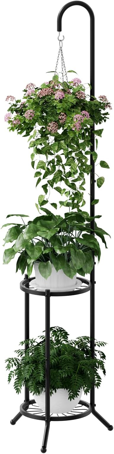 PULIJIAJU 2-tier Hanging Plant Stand Indoor and Outdoor, Space-Saving Iron Plant Shelf, 3 Potted Flower Pot Stand ,Planter Holder for Bedroom Balcony Living Room Patio Garden(Hook Style)