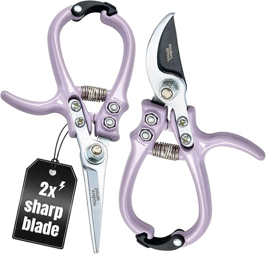 Modern Sprout Hand Pruners & Shears Set with Blister Pack - Lightweight Gardening Tools with Easy Lock - Sharp Carbon Steel Blades -Rust Resistant Scissors for Herbs, Flowers - Lavender