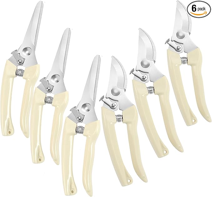 6PCS Premium garden shears, pruning scissors gardening tools, pruners for flower, bushes, rose and fruit tree, use for florist, yard and orchard the plant clippers, sharp steel anvil snips (white, 6)