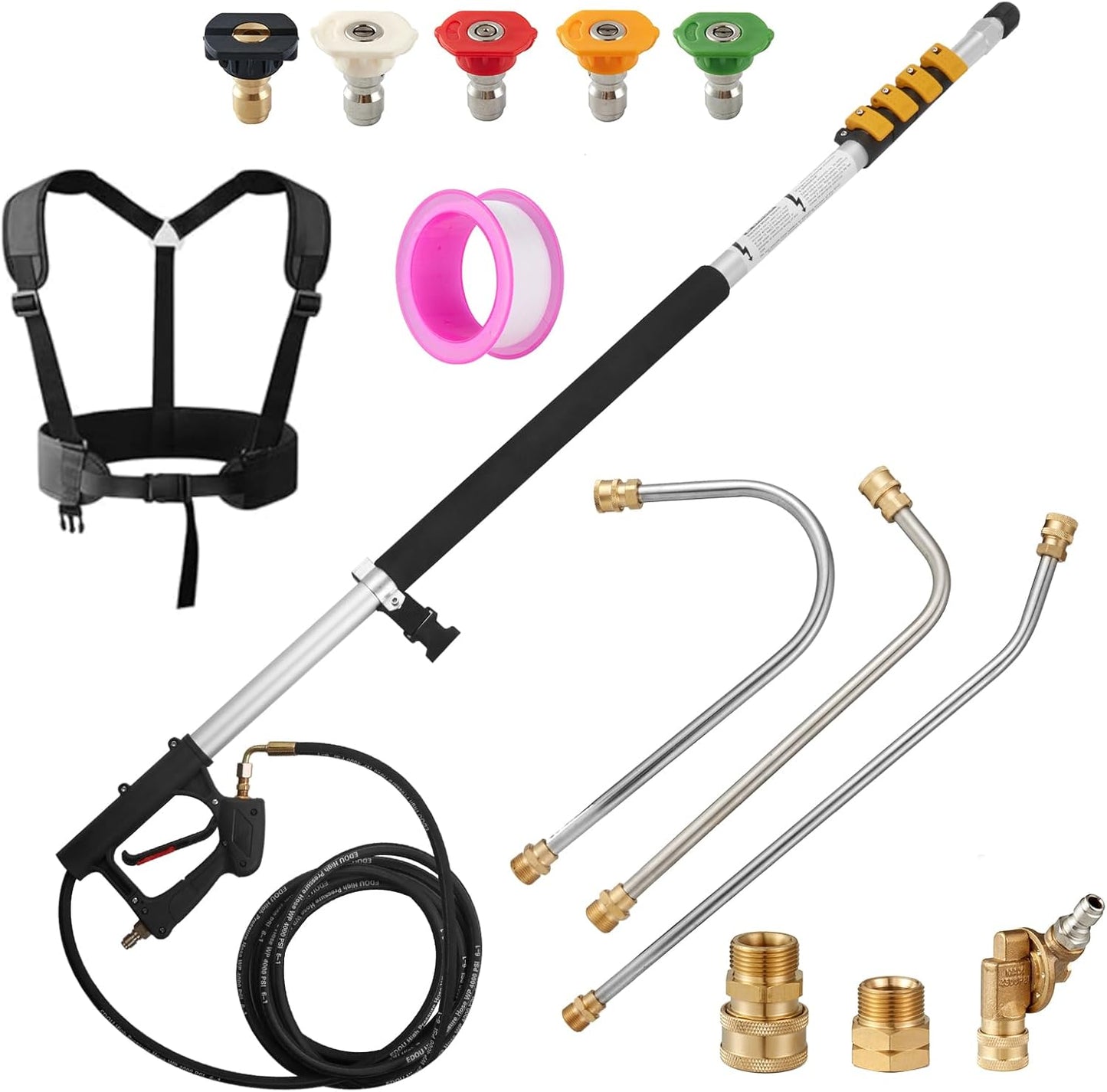 Tecoloy 24 FT Telescoping Pressure Washer Wand with Power Washer Extension Wand, Support Belt, Gutter Cleaner Attachment, 5 Spray Nozzle Tips and 2 Hose Inlet Adapters