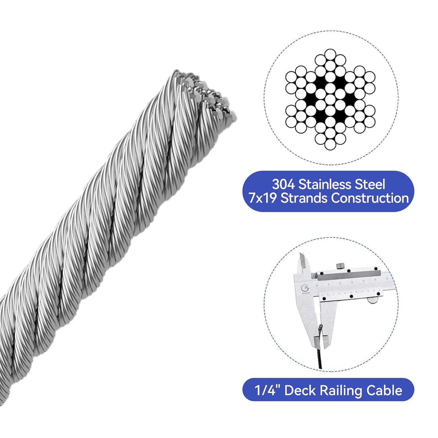 1/4" Stainless Steel Cable,7x19 Strand Aircraft Wire Rope,Cable for Heavy Duty Applications,Zip Iine and Outdoor Pulley Cables,Deck Railing, with Gloves,Breaking Strength 6400 Ibs,300FT
