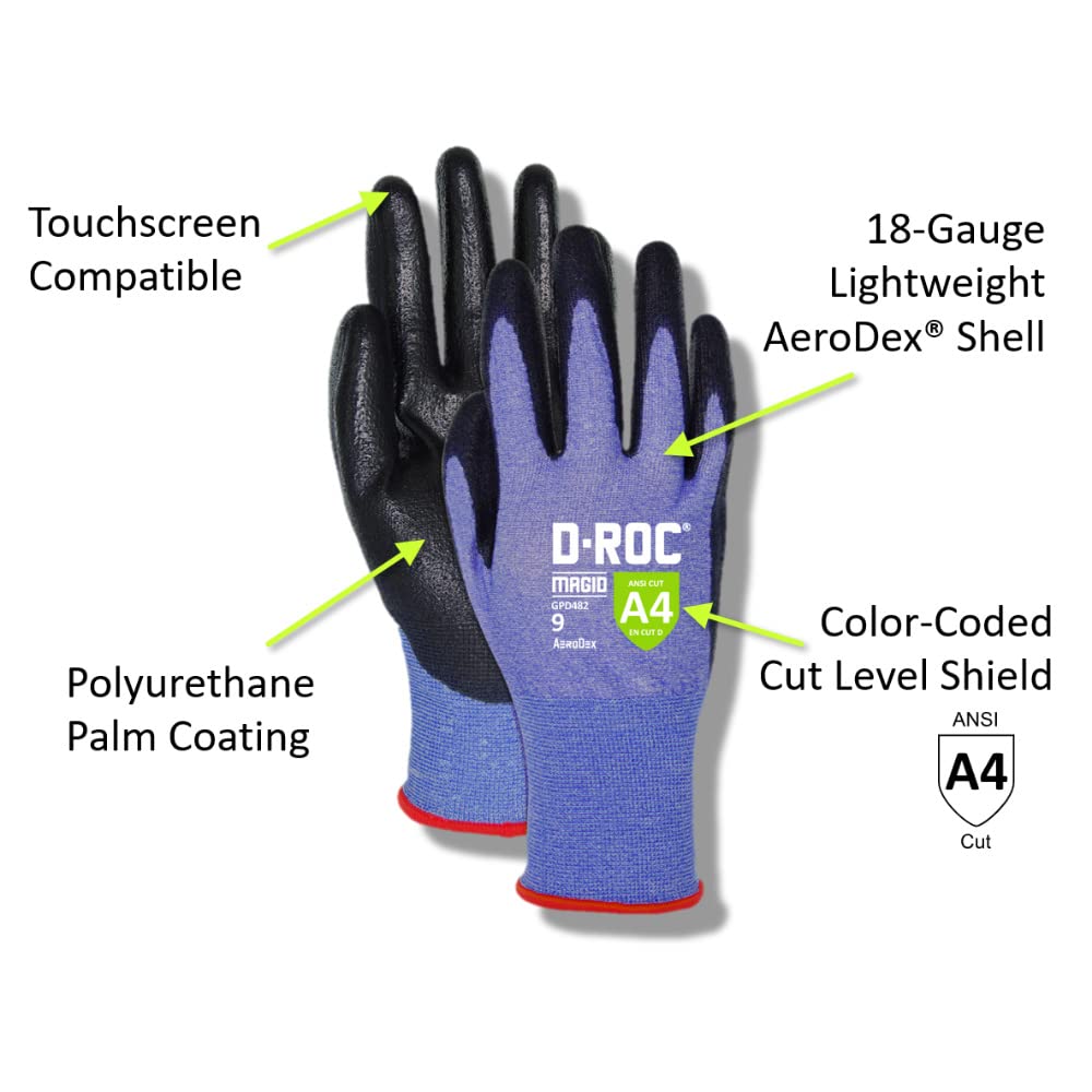MAGID D-ROC ANSI A4 AeroDex Polyurethane Palm Coated Work Gloves, 12 Pairs, Size 6/XS, GPD482