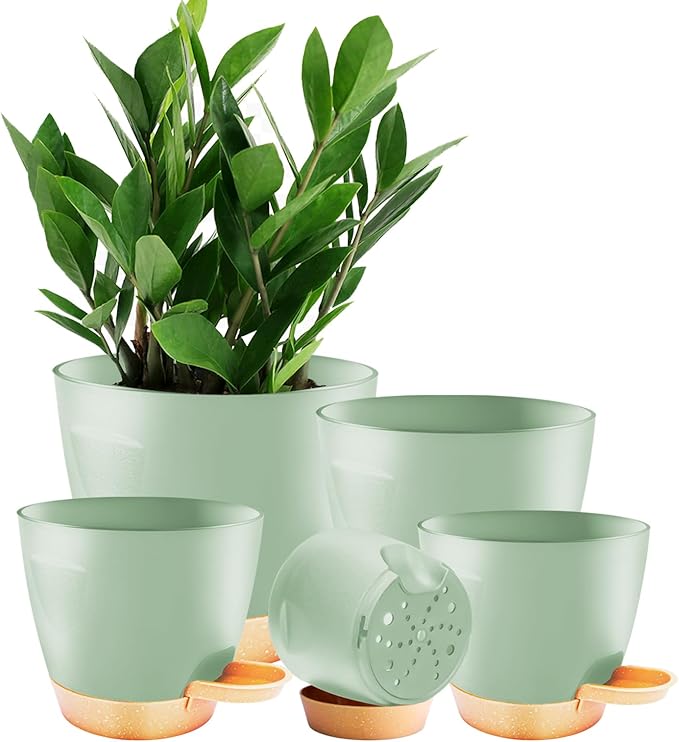 5-Pack Plant Pots with Drainage for Winter Care 7/6.5/6/5.5/5 Inch, Self Watering Pots for Indoor Plants, Planters for Indoor Outdoor Plants, Plastic Flower Pot, Planter for Indoor Outdoor (Green)