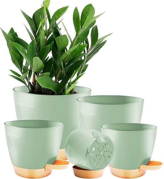 5-Pack Plant Pots with Drainage for Winter Care 7/6.5/6/5.5/5 Inch, Self Watering Pots for Indoor Plants, Planters for Indoor Outdoor Plants, Plastic Flower Pot, Planter for Indoor Outdoor (Green)