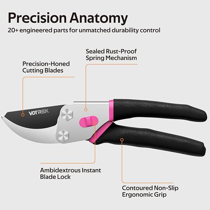 VOTREK Pruning Shears, 8.5” Professional Garden Pruner with Jam-Proof Spring & Ever-Sharp SK5 Blade, Ergonomic Bypass Clippers for Rose, Tree, Heavy Duty Bonsai Scissor for Weak Hand
