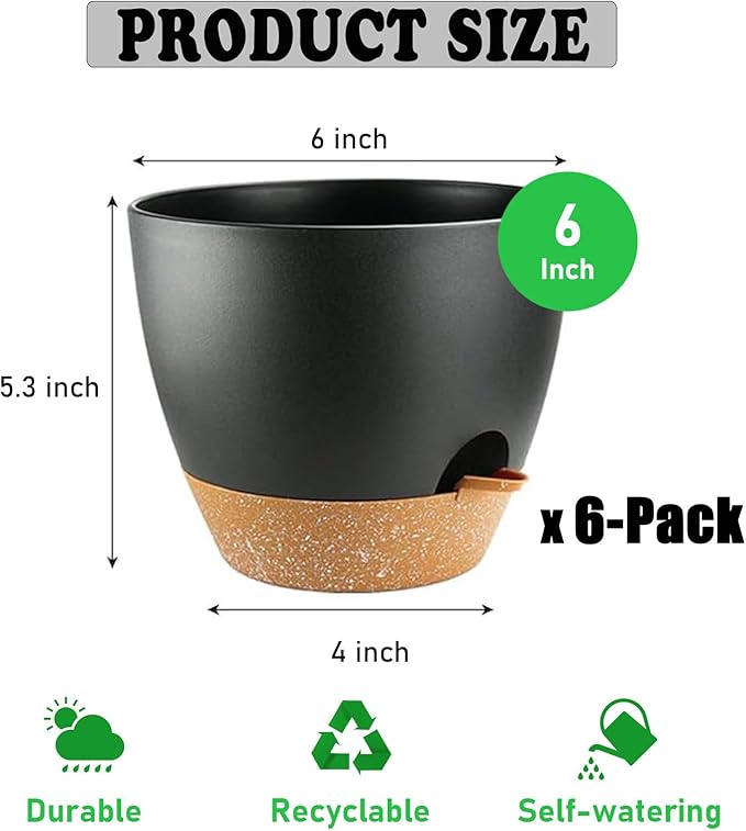 Carsapro 6-Pack Plant Pots with Drainage 6 Inch, Self Watering Pots for Indoor Plants, Planters for Indoor Outdoor Plants, Plastic Flower Pot, Planter for Indoor Outdoor (Black)