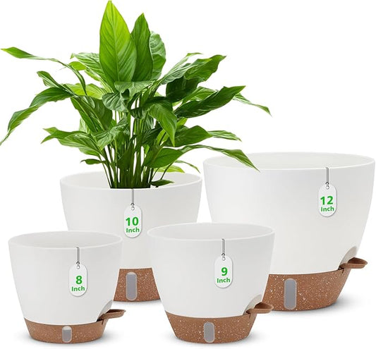12" 10" 9" 8" Self Watering Pots with Water Level Indicator, Large Plastic Planters Set with Mesh Drainage Hole and Removable Saucer Reservoir, Big Flower Pot for Indoor Outdoor Plants - White