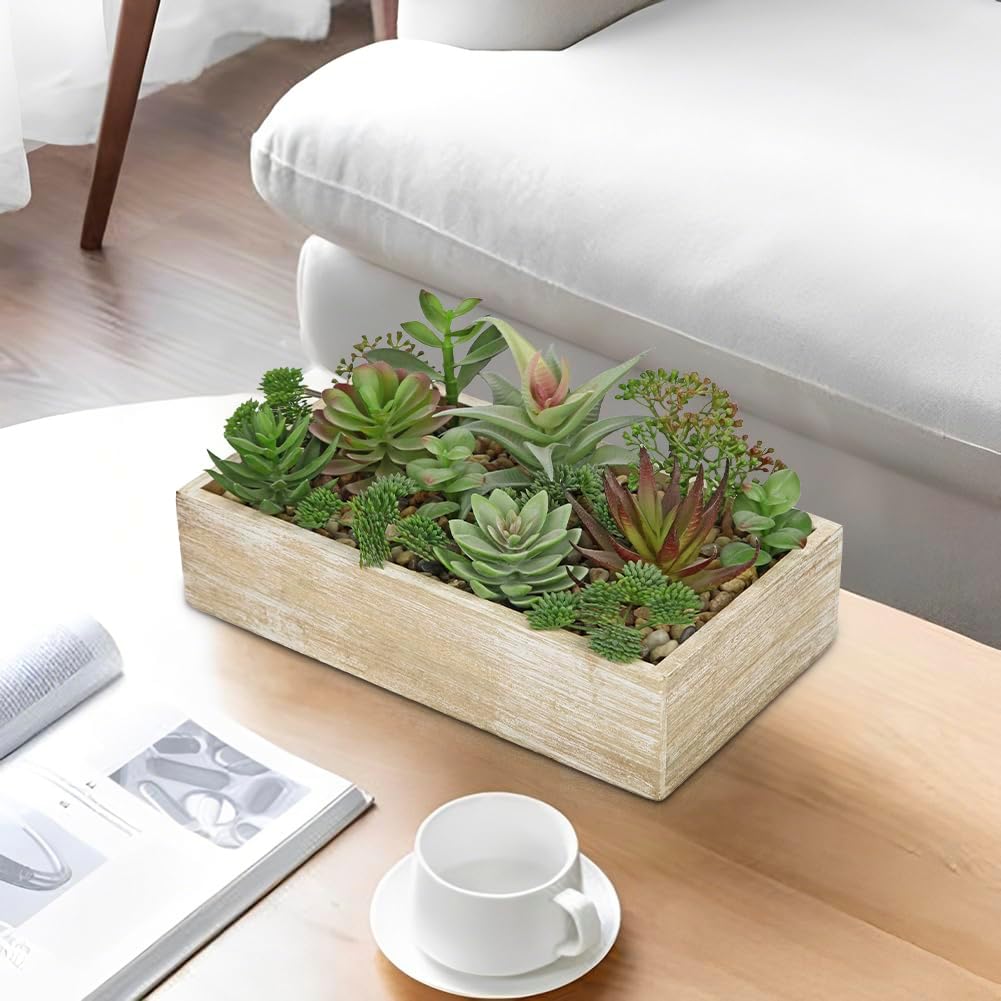 Artificial Succulent Plants in Pot 10 Inch Fake Succulent Arrangement Potted Succulents Plants Centerpiece in Rectangular Wooden Planter for Home Office Desk Shelf Living Room Bedroom Farmhouse Decor