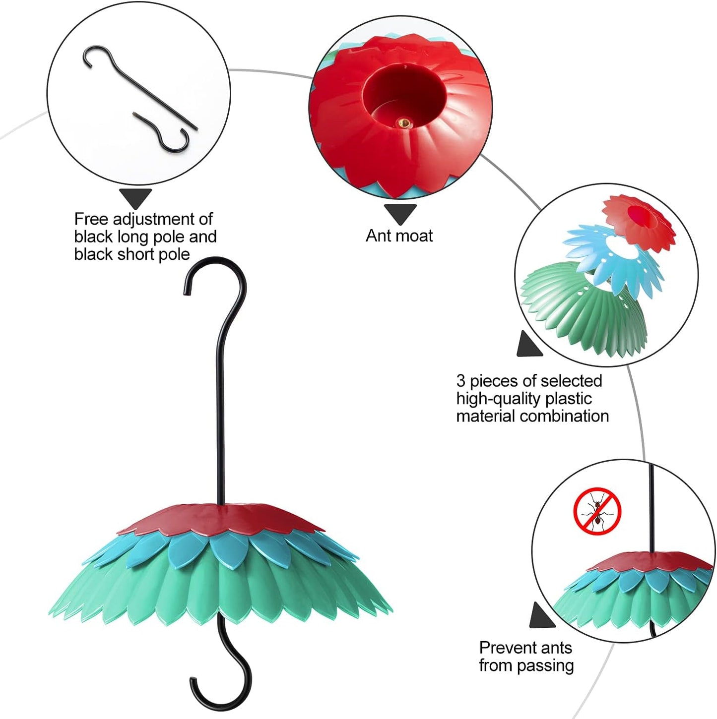 8" Nectar Defender for Hummingbird Feeder with Ant Guard, Skaithee Bird Feeder Baffle with Ant Moat & Rain Guard & Shepherd Hooks, Bright Colors Attract More Humming & Wild Birds (Green 8 inches)