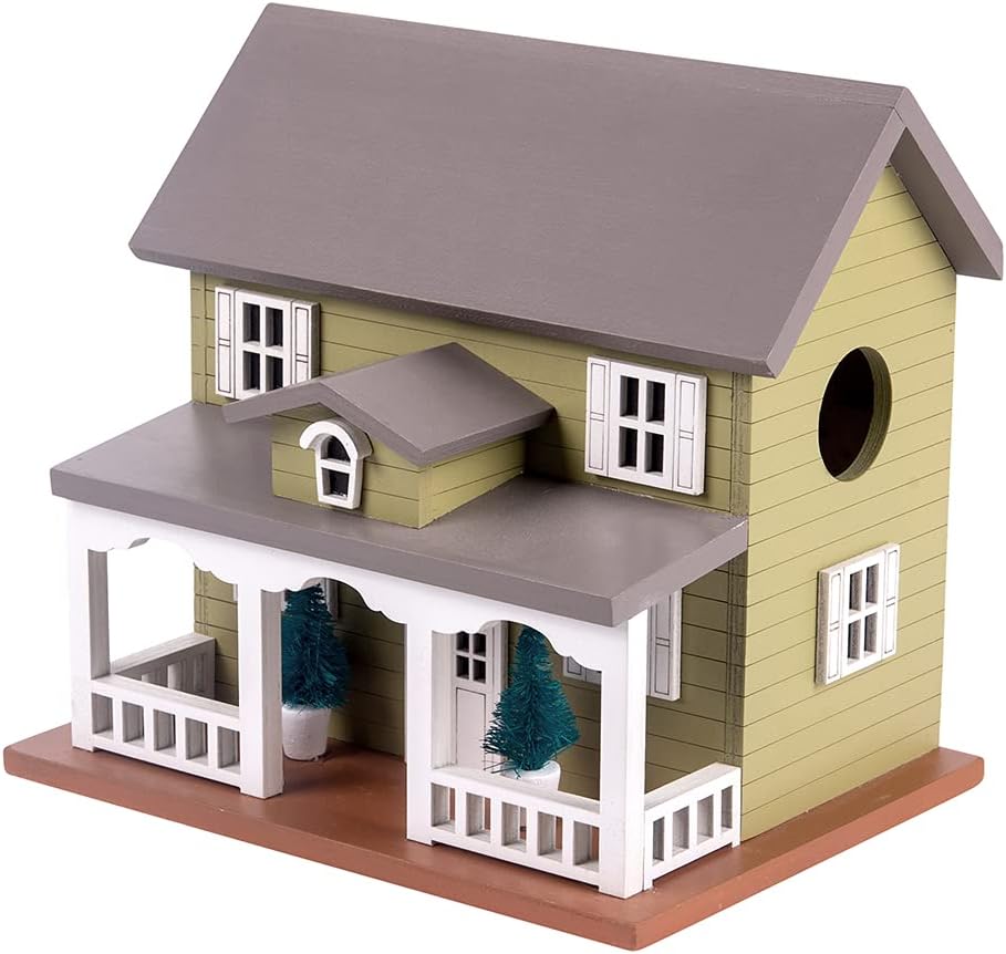 Decorative Wooden Birdhouse for Outdoor Hanging – Handcrafted Miniature Cottage Style with Blue Roof, Front Porch, and Balcony – Garden or Backyard Décor for Wild Birds (Mossy Green Victorian)