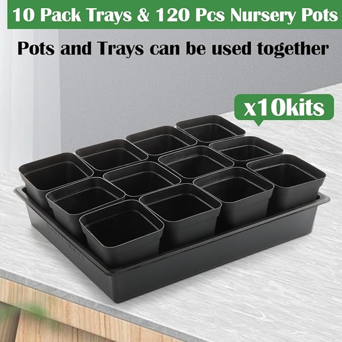 RooTrimmer 3.5 inch (9CM) Square Nursery Pots 120pcs, Sturdy Seedlings Trays 10 Pcs, Seeds Starter Planter Nursery Trays 10 Sets